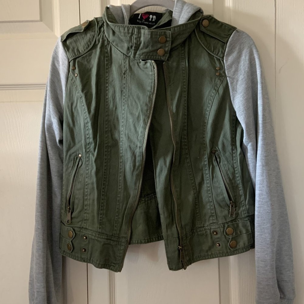 L Army Green and Grey Coat Hoodie